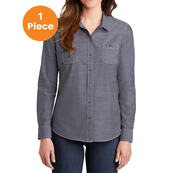 Port Authority LW380 Ladies Slub Chambray Shirt, True Navy, XS, Womens Button Down Shirts