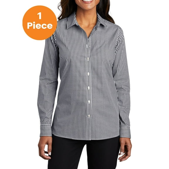 Port Authority LW644 Ladies Broadcloth Gingham Easy Care Shirt, Black/ White, M, Womens Button Down Shirts