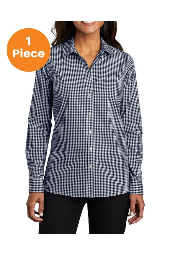 LW644 Ladies Broadcloth Gingham Easy Care Shirt, True Navy/ White, XL, Women'w Dress Shirt