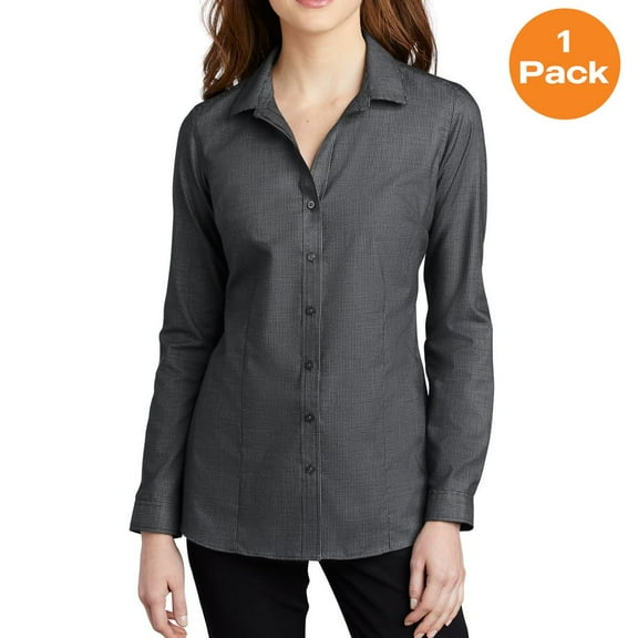 Port Authority LW645 Ladies Pincheck Easy Care Shirt, Black/ Grey Steel, S, Womens Button Down Shirts