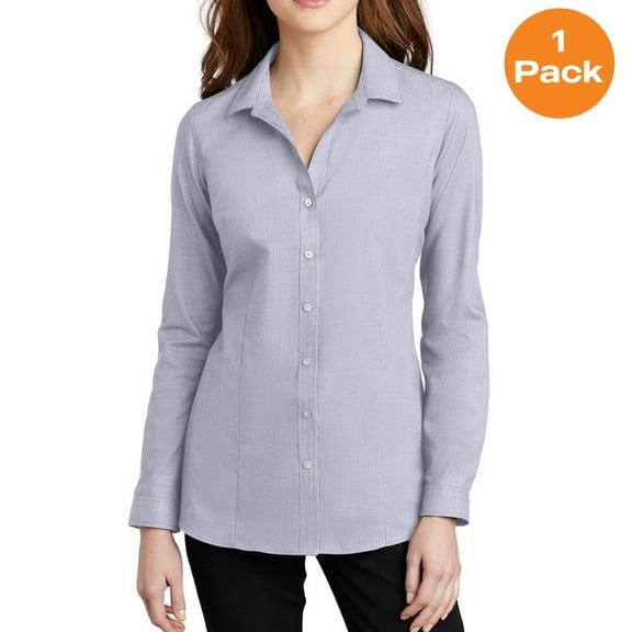 Port Authority LW645 Ladies Pincheck Easy Care Shirt, Gusty Grey/ White, XS, Womens Button Down Shirts