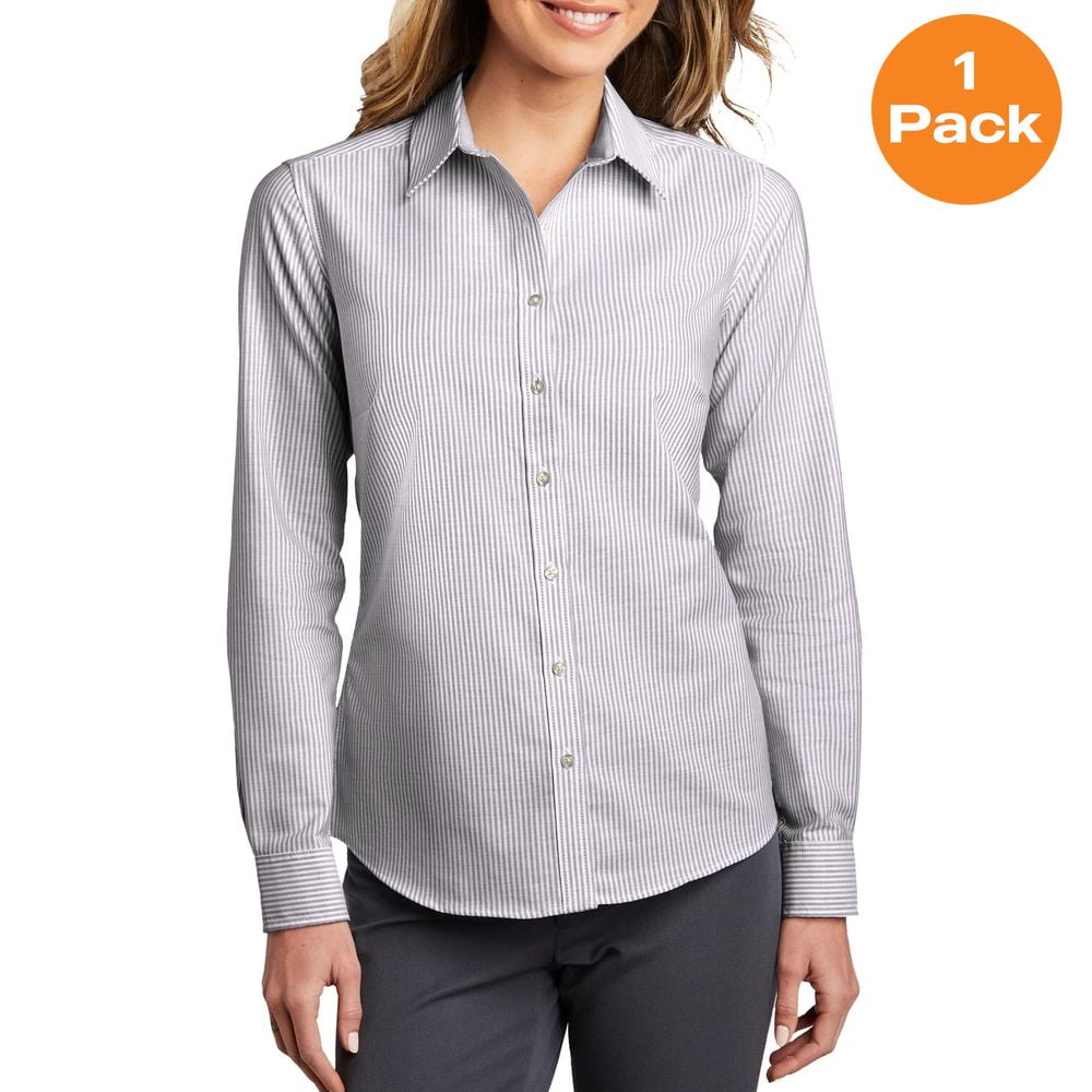 Port Authority LW657 Ladies SuperPro Oxford Stripe Shirt, Black/ White — free download