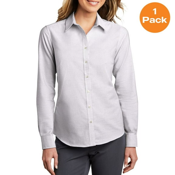 Port Authority LW657 Ladies SuperPro Oxford Stripe Shirt, Gusty Grey/ White, XL, Womens Button Down Shirts