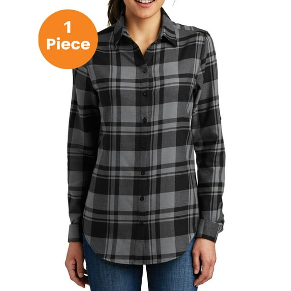 Port Authority LW668 Ladies Plaid Flannel Shirt, Grey/ Black, 4XL, Womens Button Down Shirts