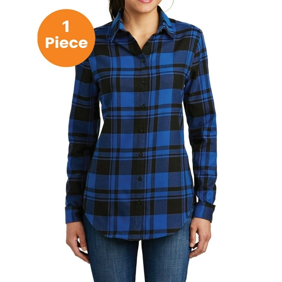 Port Authority LW668 Ladies Plaid Flannel Shirt, Royal/ Black, L, Womens Button Down Shirts