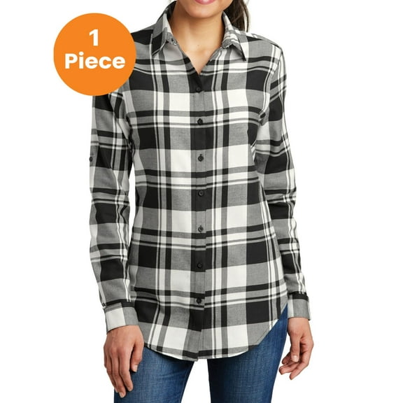 Port Authority LW668 Ladies Plaid Flannel Shirt, Snow White/ Black, XXL, Womens Button Down Shirts