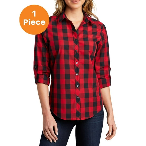 Port Authority LW670 Ladies Everyday Plaid Shirt, Rich Red, L, Womens Button Down Shirts