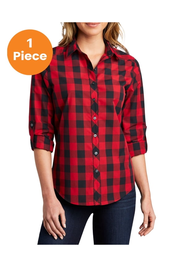 LW670 Ladies Everyday Plaid Shirt, Rich Red, L, Womens Button Down Shirts