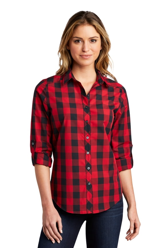LW670 Ladies Everyday Plaid Shirt, True Navy, 3XL, Womens Button Down Shirts