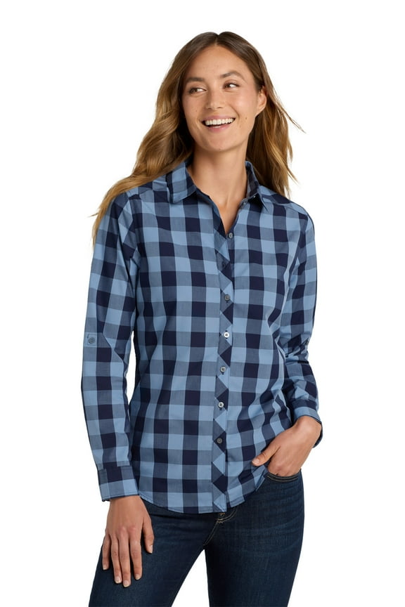 LW670 Ladies Everyday Plaid Shirt, True Navy, 3XL, Womens Button Down Shirts