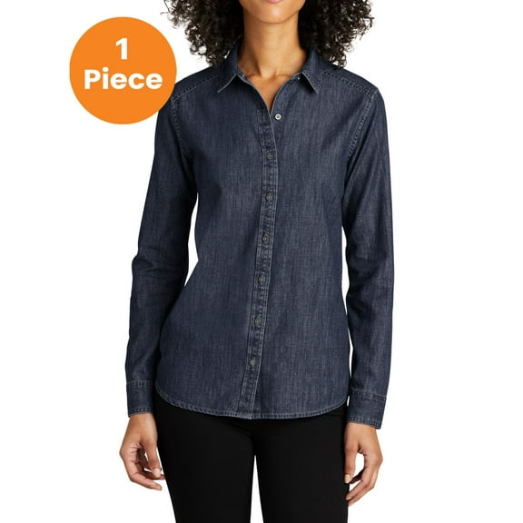 Port Authority LW676 Ladies Long Sleeve Perfect Denim Shirt, Dark Wash, XS, Women'w Dress Shirt