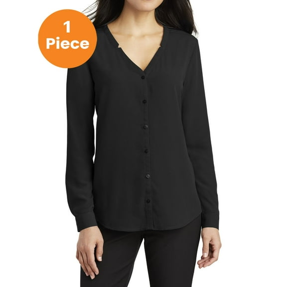 Port Authority LW700 Ladies Long Sleeve Button-Front Blouse, Black, L, Womens Clothing, Womens Tops
