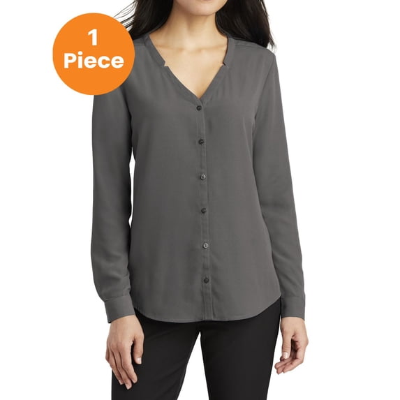 Port Authority LW700 Ladies Long Sleeve Button-Front Blouse, Sterling Grey, M, Womens Clothing, Womens Tops