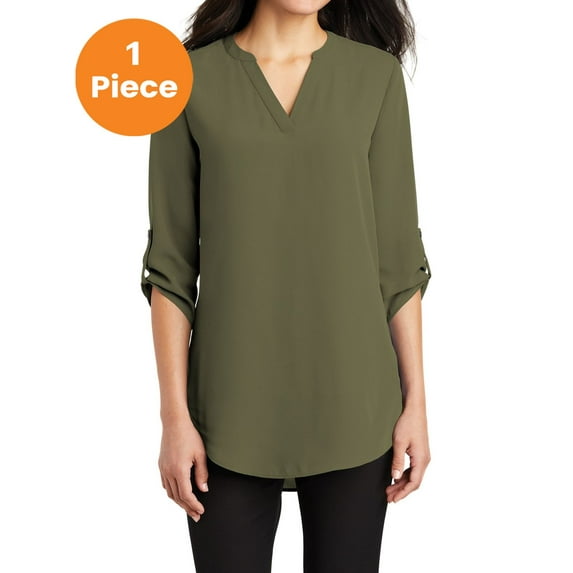 Port Authority LW701 Ladies 3/4-Sleeve Tunic Blouse, Deep Olive, S, Womens Clothing, Womens Tops