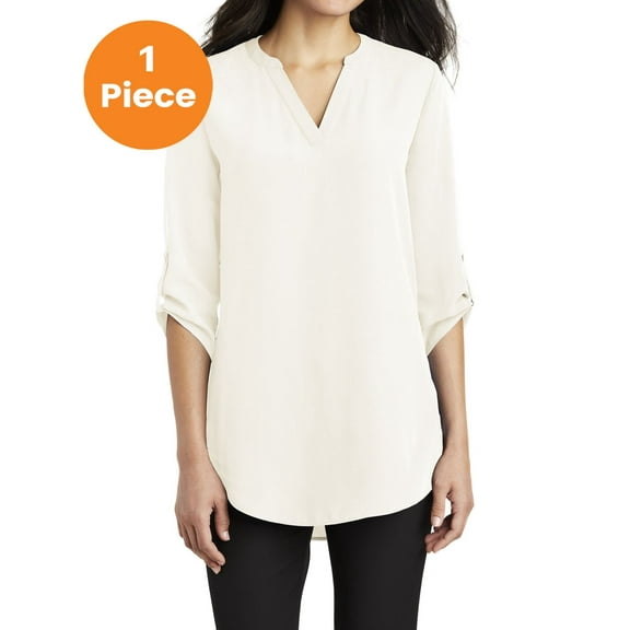 Port Authority LW701 Ladies 3/4-Sleeve Tunic Blouse, Ivory Chiffon, L, Womens Clothing, Womens Tops