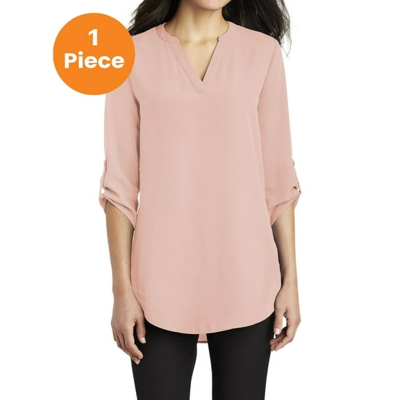 Port Authority LW701 Ladies 3/4-Sleeve Tunic Blouse, Rose Quartz, L, Womens Clothing, Womens Tops