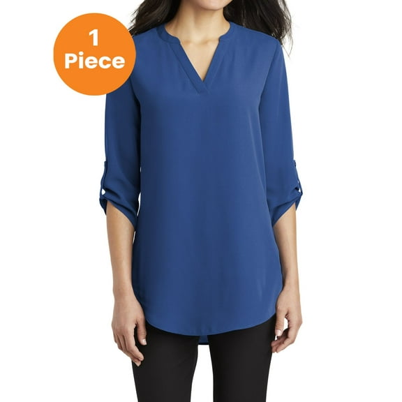Port Authority LW701 Ladies 3/4-Sleeve Tunic Blouse, True Blue, XS, Womens Clothing, Womens Tops