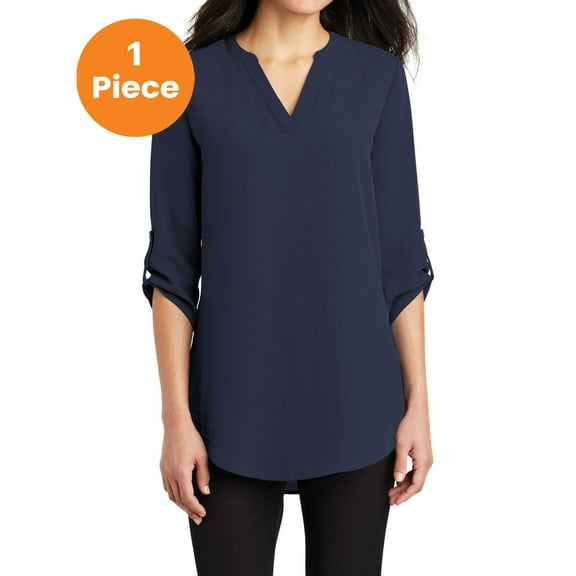 Port Authority LW701 Ladies 3/4-Sleeve Tunic Blouse, True Navy, XS, Womens Clothing, Womens Tops
