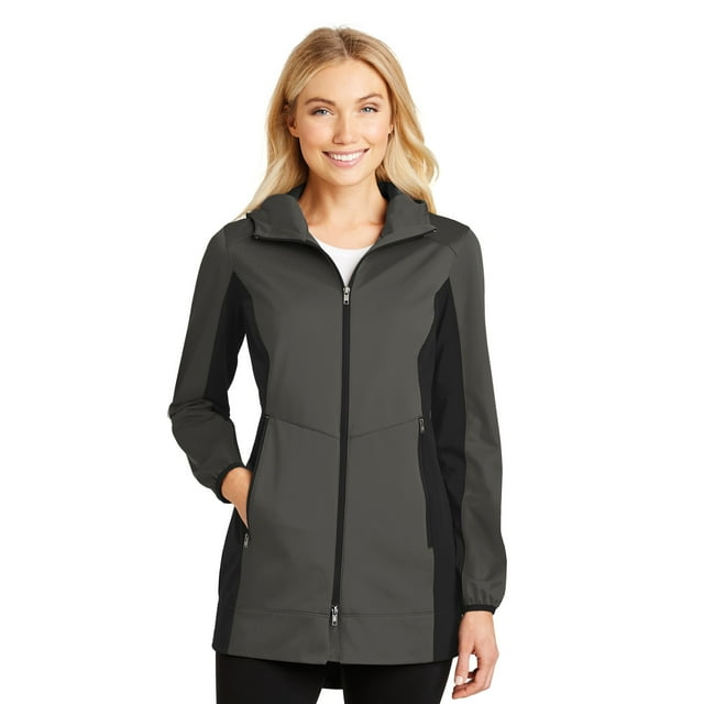 Port Authority Ladies Active Hooded Soft Shell Jacket-L (Grey Steel/ Deep Black)