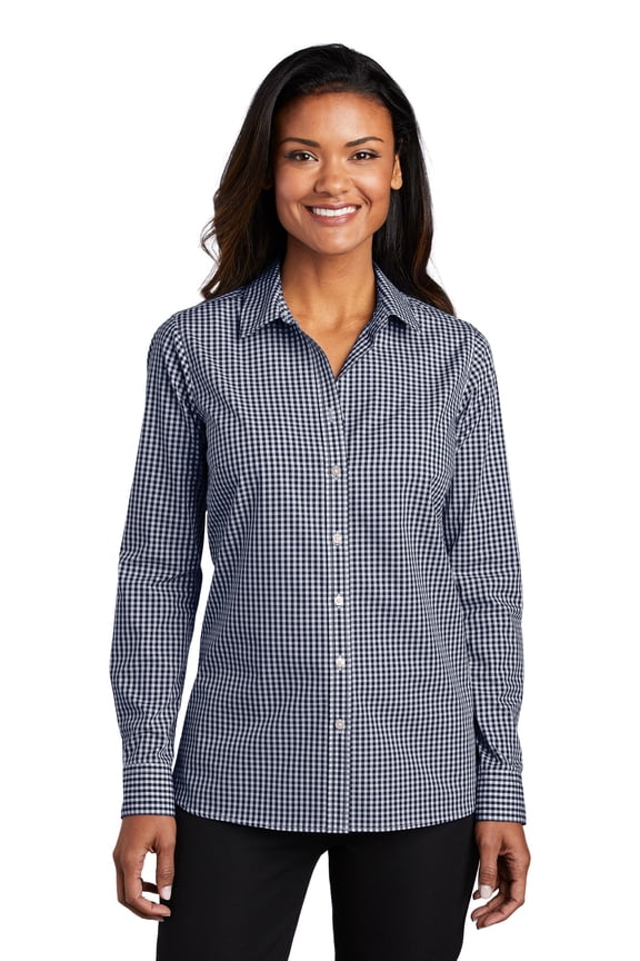 Ladies Broadcloth Gingham Easy Care Shirt, True Navy/White, XX-Large