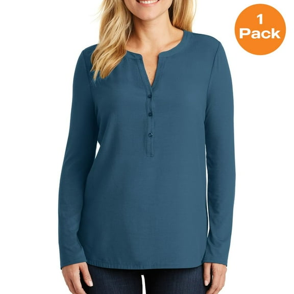 Port Authority Ladies Concept Henley Tunic, Dusty Blue, XS, Womens Clothing, Womens Tops
