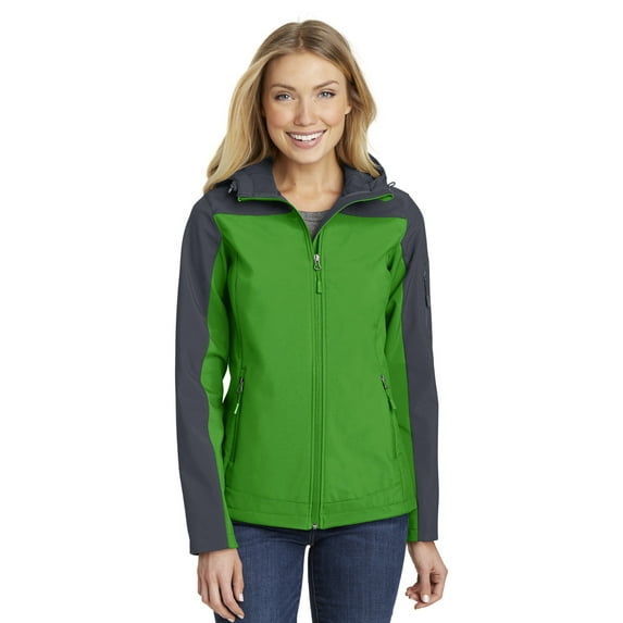 Port Authority Ladies Hooded Core Soft Shell Jacket-S (Vine Green/ Battleship Grey)