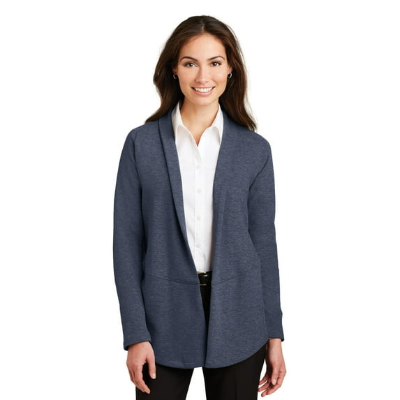 Port Authority Ladies Interlock Cardigan. L807, Estate Blue Heather/ Charcoal Heather, 4XL