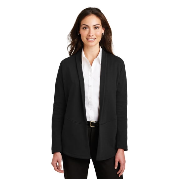 Port Authority Ladies Interlock Cardigan-XS (Deep Black/ Charcoal Heather)