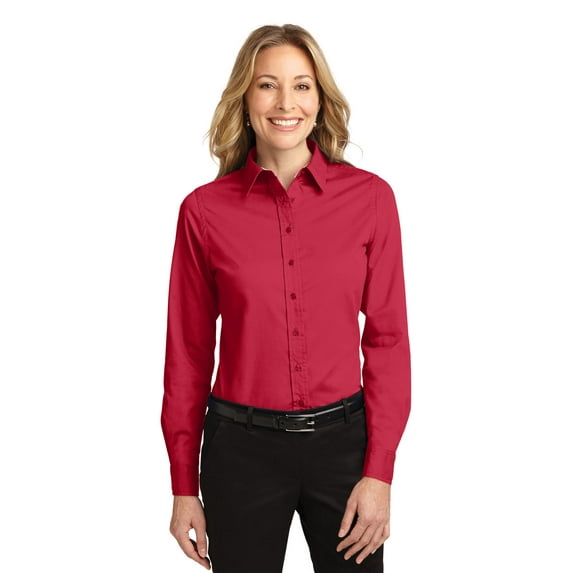 Port Authority Ladies Long Sleeve Easy Care Shirt-2XL (Red/Light Stone)