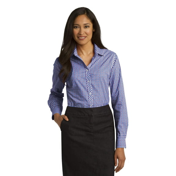 Port Authority Ladies Long Sleeve Gingham Easy Care Shirt-3XL (Blue/ Purple)