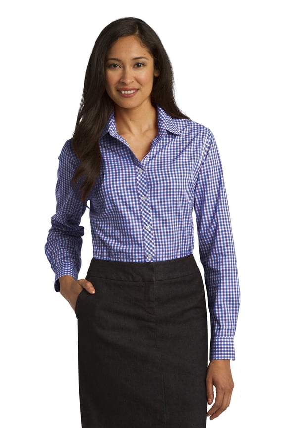 Ladies Long Sleeve Gingham Easy Care Shirt-3XL (Blue/ Purple)