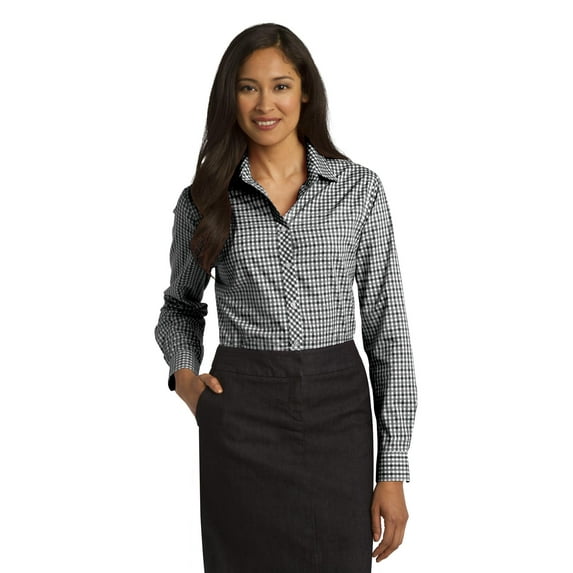 Port Authority Ladies Long Sleeve Gingham Easy Care Shirt-XL (Black/ Charcoal)