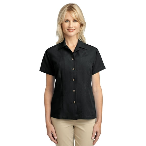 Port Authority Ladies Patterned Easy Care Camp Shirt-L (Black)