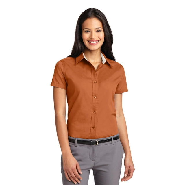 Port Authority Ladies Short Sleeve Easy Care Shirt-XS (Texas Orange/Light Stone)