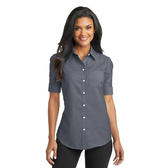Port Authority Ladies Short Sleeve SuperPro Oxford Shirt-L (Black)