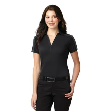 Port Authority Ladies Silk Touch Performance Colorblock Stripe Polo-M (Black/ Steel Grey)