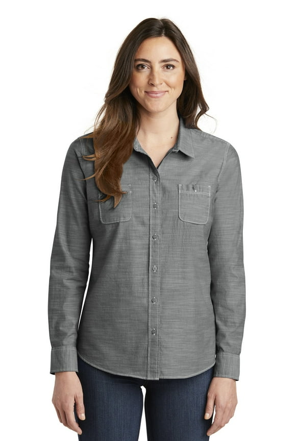 Ladies Slub Chambray Shirt, Grey, 3X-Large