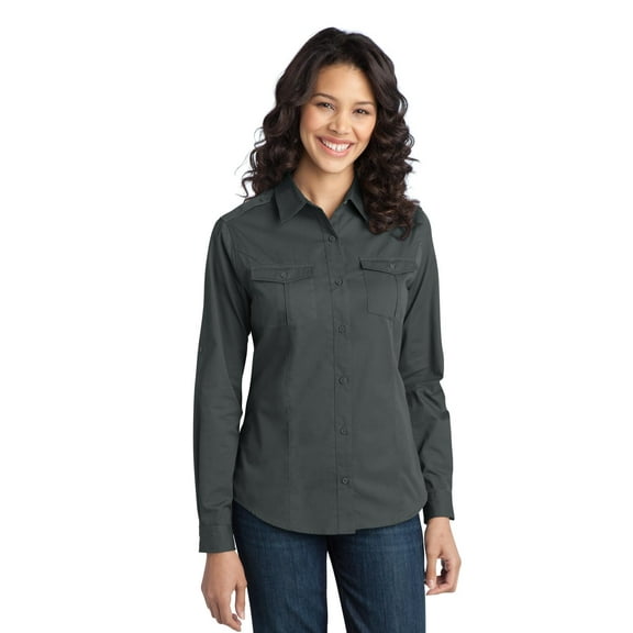 Port Authority Ladies Stain Resistant Roll Sleeve Twill Shirt-XS (Steel Grey)
