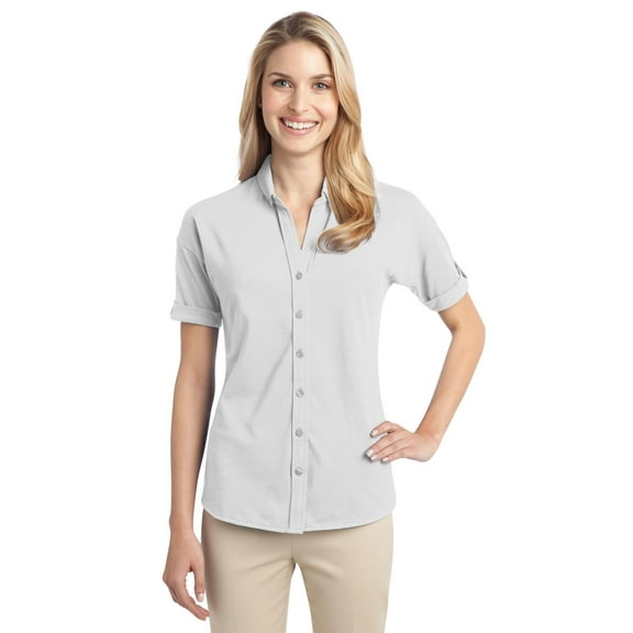 Port Authority Ladies Stretch Pique Button Front Shirt-3XL (White)