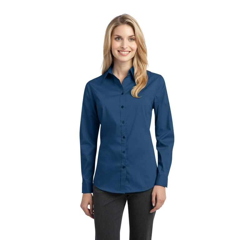 Custom Port Authority Ladies Long Sleeve Poplin Shirt Blue Navy