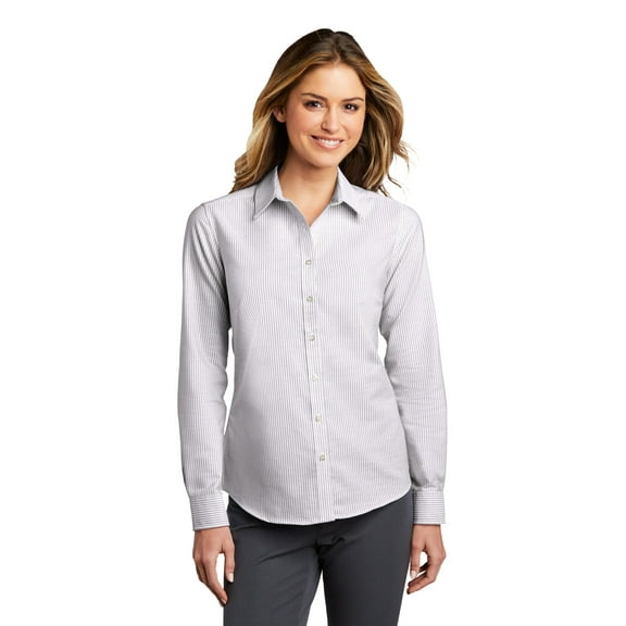 Port Authority LW657 Ladies SuperPro Oxford Stripe Shirt, Gusty Grey/ White, XL