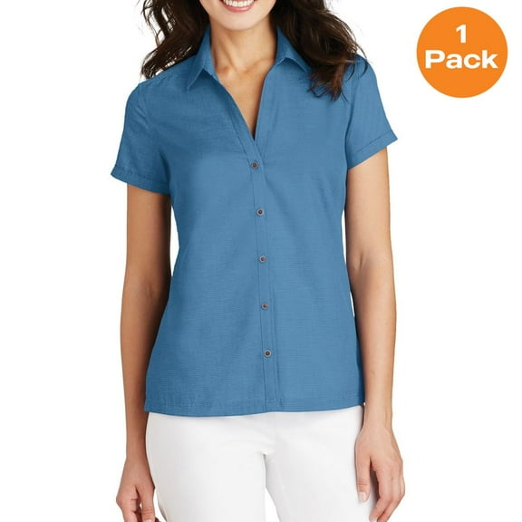 Port Authority Ladies Textured Camp Shirt. L662, Celadon, S, Womens Button Down Shirts