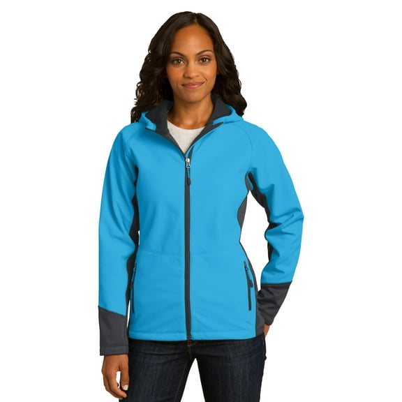 Port Authority Ladies Vertical Hooded Soft Shell Jacket-S (Cyan Blue/ Magnet Grey)
