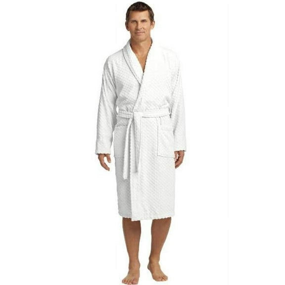 Port Authority R103 Mens Checkered Terry Shawl Collar Robe, White - Large & Extra Large