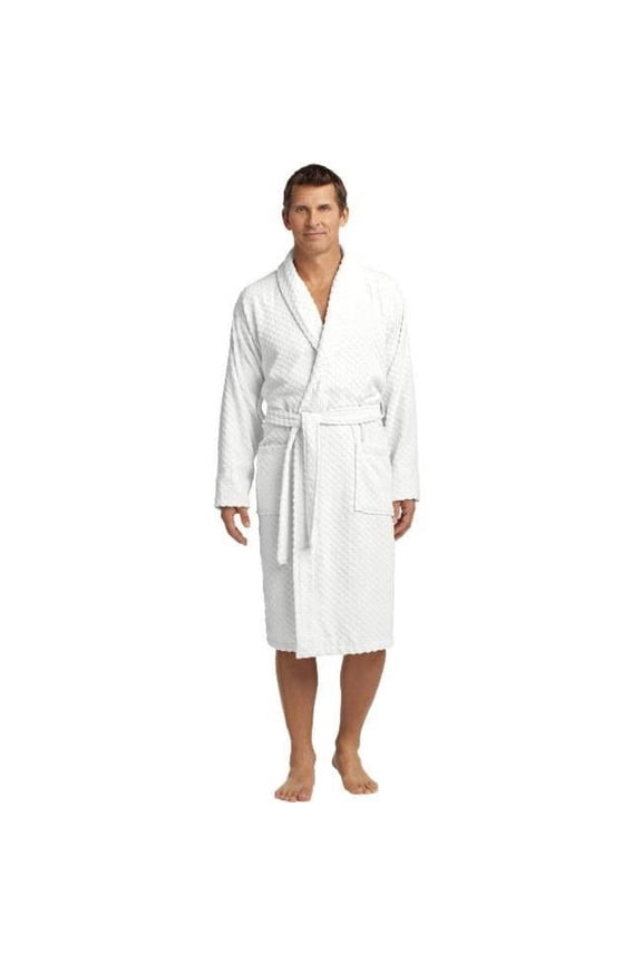 R103 Mens Checkered Terry Shawl Collar Robe, White - Large & Extra Large