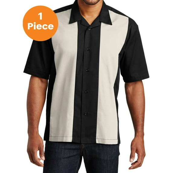 Port Authority S300 Retro Camp Shirt, Black/Light Stone, L, Mens T-Shirts