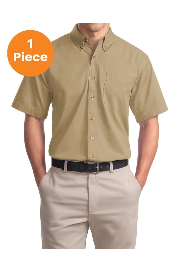 S500T Short Sleeve Twill Shirt, Khaki, M, Mens Casual Button Down Shirts
