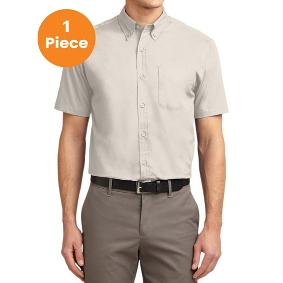 Port Authority S508 Short Sleeve Easy Care Shirt, Light Stone/Classic Navy, XS, Mens Casual Button Down Shirts
