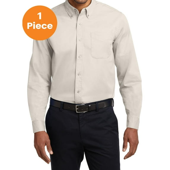 Port Authority S608 Long Sleeve Easy Care Shirt, Light Stone/Classic Navy, L, Mens Casual Button Down Shirts