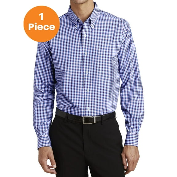 Port Authority S654 Long Sleeve Gingham Easy Care Shirt, Blue/ Purple, 2XL, Mens Casual Button Down Shirts